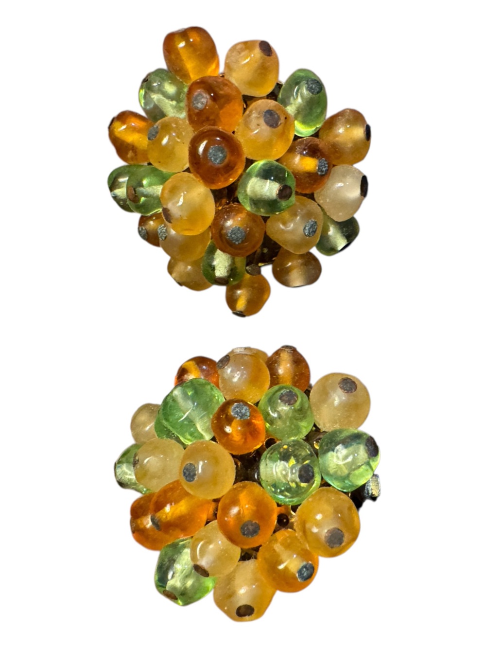 Vintage Japan Amber Green Yellow Bead Cluster Clip On Earrings Autumn Berry